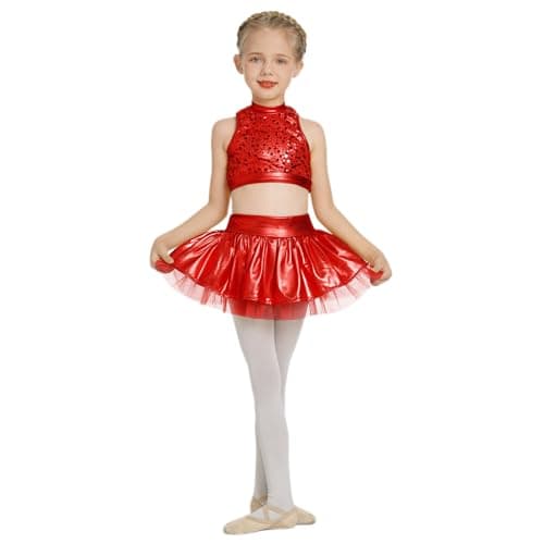 ODASDO Girls Shiny Metal Dance Costume with Sequin Tank Crop Top Ruffle Skirt
