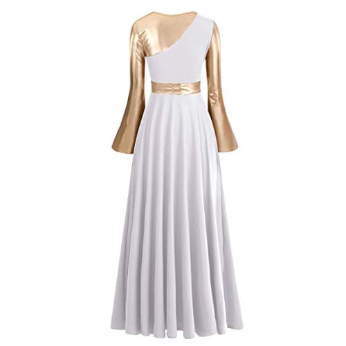 Women's Gold Metallic Worship Dance Dress with Bell Sleeves