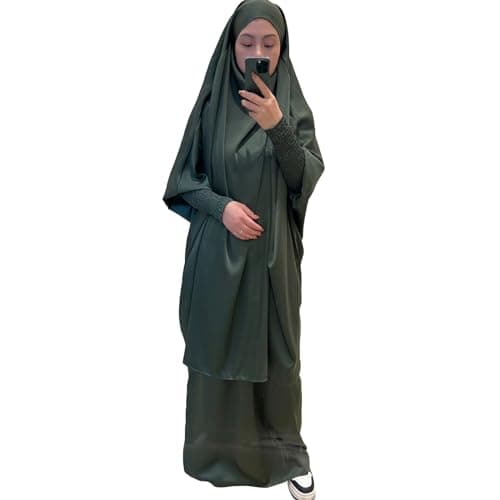 Zofocy Two-Piece Abaya Set for Muslim Women Elastic Sleeves Modest Prayer Dress