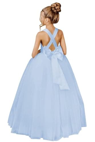 JISISANG Crossed Straps Satin Prom Dress with Bow Tulle for Flower Girls