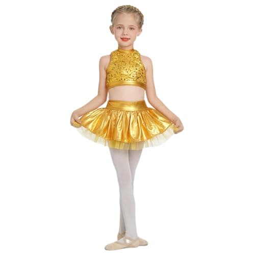 ODASDO Girls Shiny Metal Dance Costume with Sequin Tank Crop Top Ruffle Skirt