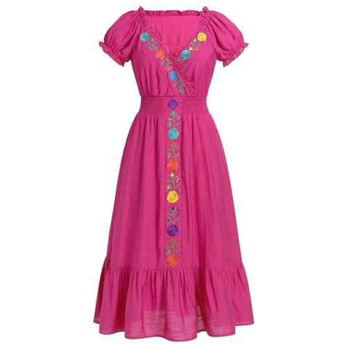ABE-HIK Women's Floral Embroidered Mexican Fiesta Dress for Cinco de Mayo