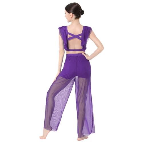 IBAKOM Women's Lyrical Dance 2PCS Chiffon Crop Top & Shorts Outfits