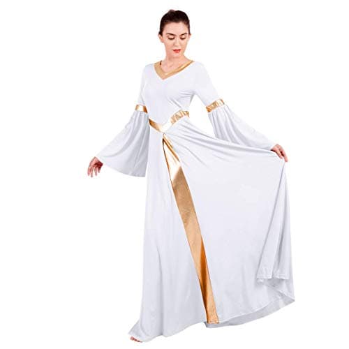 IBAKOM Women's Loose Fit Full Length Metallic Gold V-Neck Worship Dance Costume