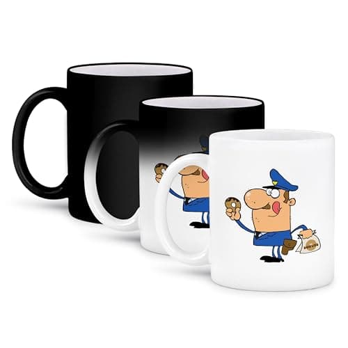 Funny Cartoon Cop Eating Donuts Ceramic Mug for Police Officers, 15-Ounce