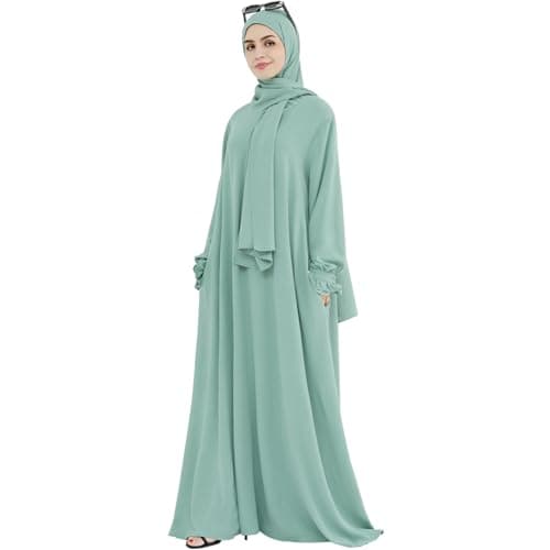 Women's Middle Eastern Arabian Robe Modest Dress with Lace Sleeve Hijab Scarf