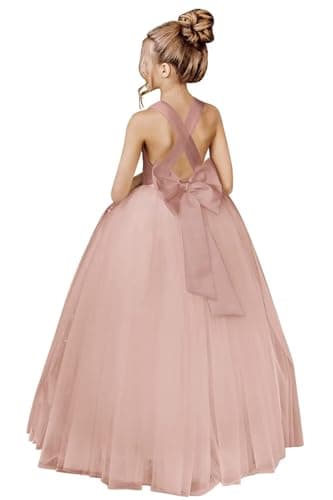 JISISANG Crossed Straps Satin Prom Dress with Bow Tulle for Flower Girls