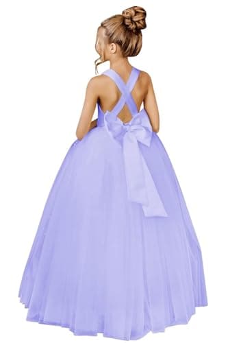 JISISANG Crossed Straps Satin Prom Dress with Bow Tulle for Flower Girls