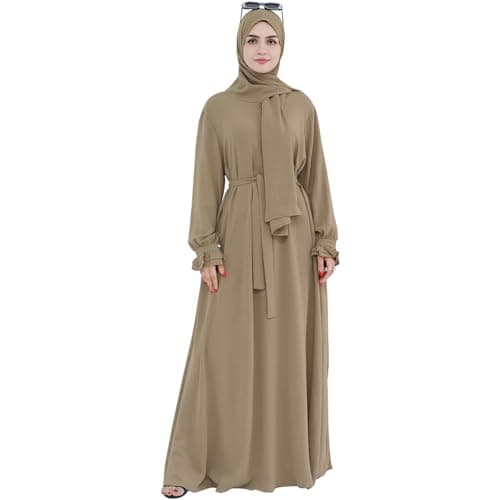 Women's Middle Eastern Arabian Robe Modest Dress with Lace Sleeve Hijab Scarf