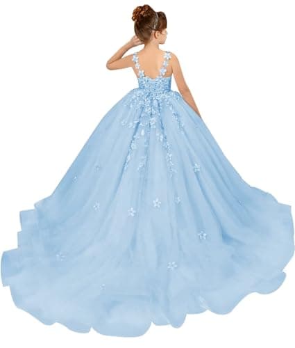 PSAISY Floral Applique Tulle Flower Girl Dress for Weddings & Birthday Parties