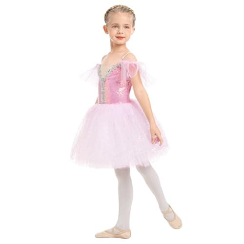 ODASDO Kids Ballet Leotard with Tutu Skirt and Sequin Camisole Dress for Performances