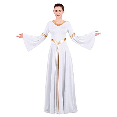 IDOPIP Women's Metallic Bell Sleeve Praise Dance Dress