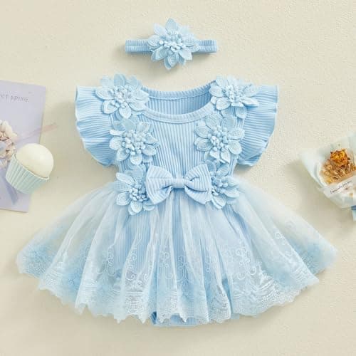 Newborn Baby Girls' 2pc Summer Set: Lace Romper Dress with Bowknot Headband