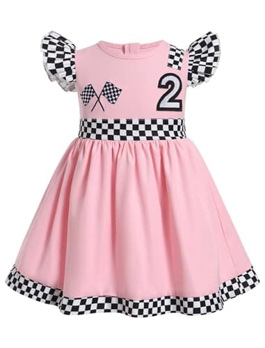 ODASDO Kids' Checkerboard Flutter Sleeve Racing Car Birthday Outfit