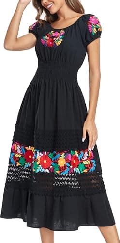 YZXDORWJ Women's Mexican Floral Embroidered Maxi Dress