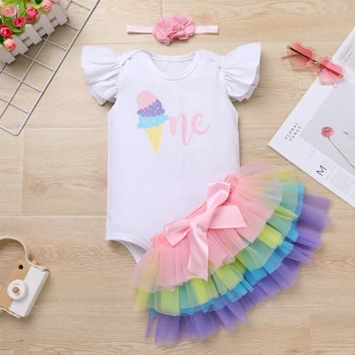 ODASDO Boho Rainbow Birthday Cake Smash Outfit for Baby Girls