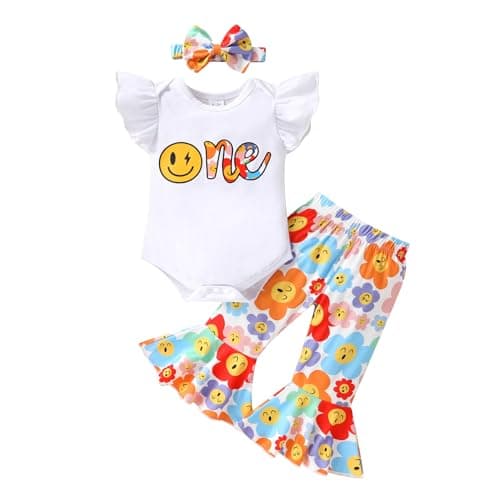 YOUNGER TREE Baby Girl 1st Birthday Outfit Romper & Flared Pants
