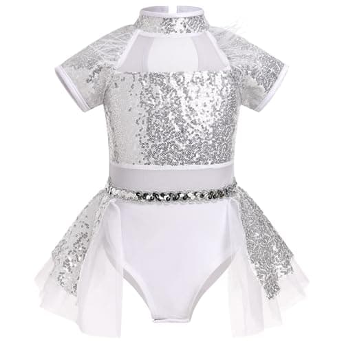 Girls Shiny Sequins Ballet Dance Leotard Tutu Dress