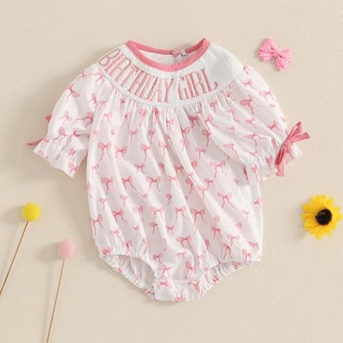 Lamuusaa Toddler Birthday Girl Embroidery Romper Bow Print Bodysuit