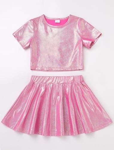 ODASDO Shiny Metallic Crop Top & Pleated Skirt Set for Girls Performance Dancewear