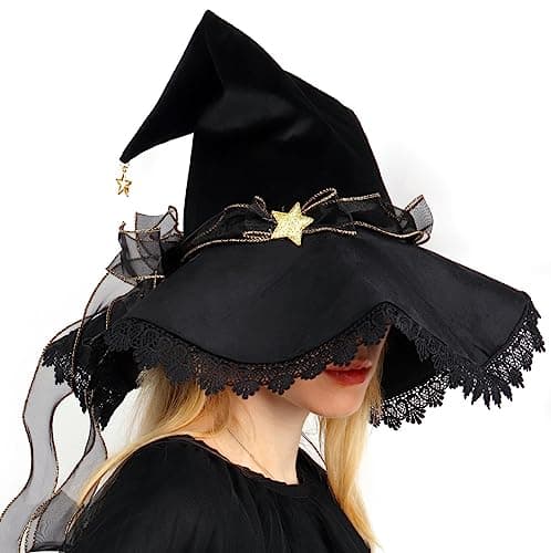C-ZOFEK Women's Black Velvet Witch Hat with Lace Brim for Halloween Cosplay