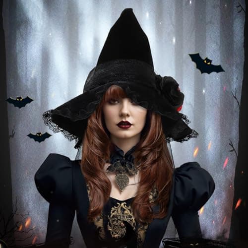 KIHOARL Baroque Gothic Rose Lace Pointed Witch Hat Velvet Masquerade Cosplay Accessory