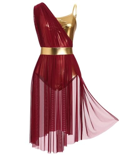 ODASDO Women's Lyrical Dance Leotard Dress with Cami Straps & Metallic Mesh Tulle
