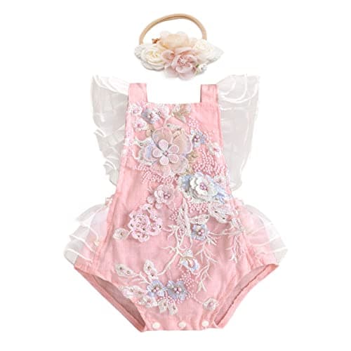 Floral Lace Ruffle Sleeve Backless Baby Girl Romper Dress Outfit