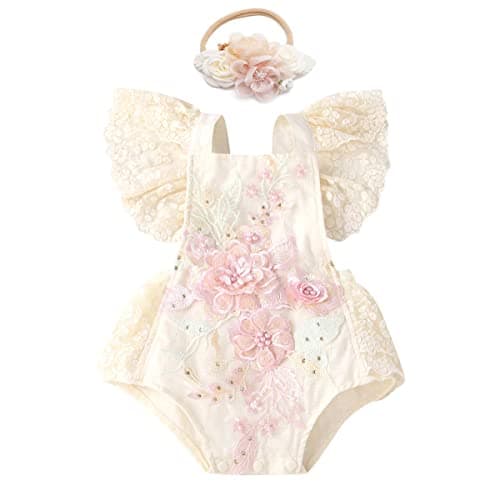 Floral Lace Ruffle Sleeve Backless Baby Girl Romper Dress Outfit