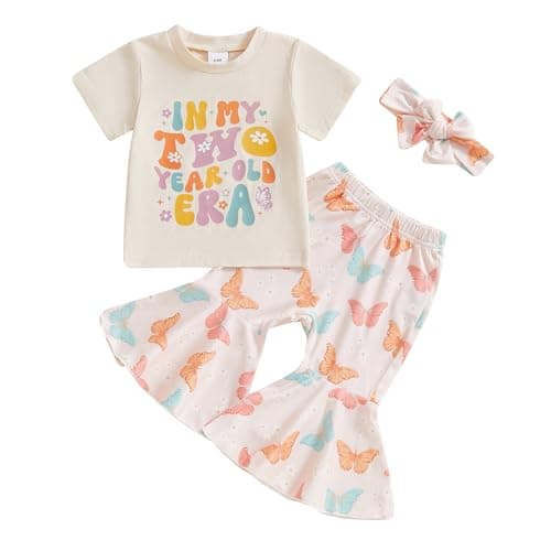 Lamuusaa Toddler Girl Birthday Outfit: Flared Pants & Headband Romper/T-shirt