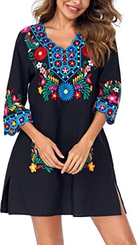 YZXDORWJ Women's Embroidered Mexican V-Neck Floral Long Sleeve Dress