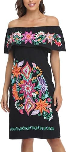 YZXDORWJ Women's Mexican Embroidered Ruffle Collar Dress