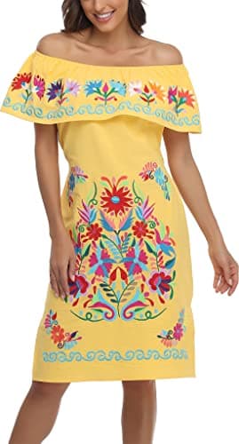 YZXDORWJ Women's Mexican Embroidered Ruffle Collar Dress