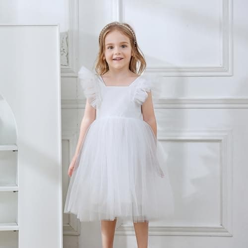 Tutu.kk Vintage Ruffled Sleeve A-Line Tulle Party Dress for Toddler Girls, Wedding & Birthday