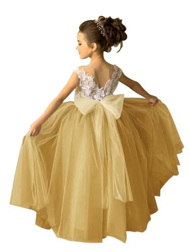 Zikusel Lace Applique Tulle Flower Girl Wedding Dress V-Back Satin Bow Knot