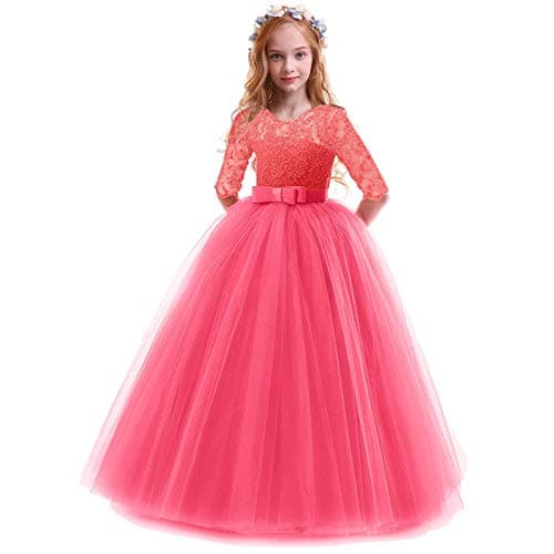 IBTOM CASTLE Girls' Flower Floral Lace 3/4 Sleeve Floor-Length Wedding Party Dress