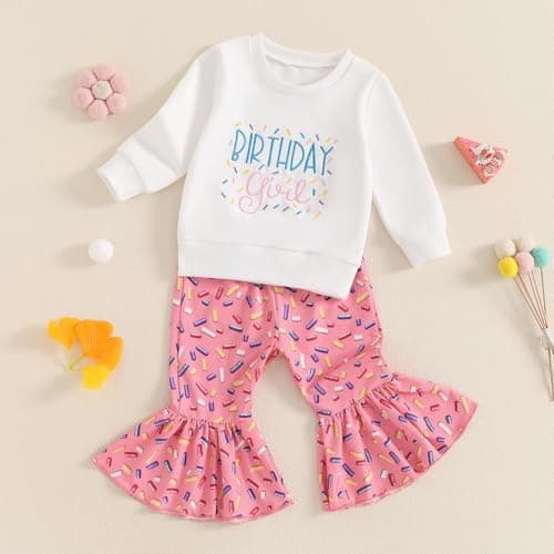 SAYOO Birthday Girl Outfit: Embroidery Print Sweatshirt + Flared Pants