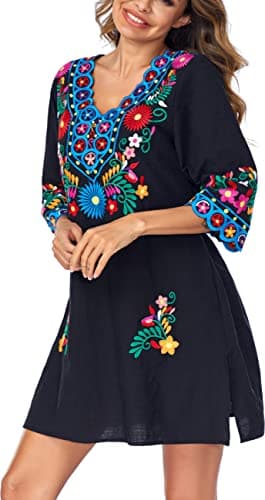 YZXDORWJ Women's Embroidered Mexican V-Neck Floral Long Sleeve Dress