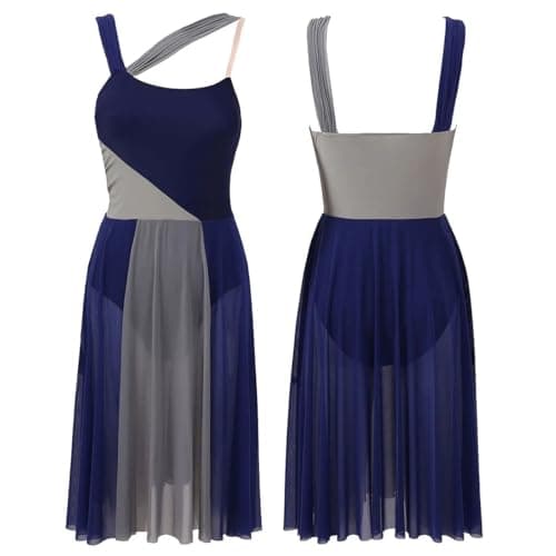 CochOn Navy Blue Modern Lyrical Dance Dress Maxi Sheer Mesh Overlay