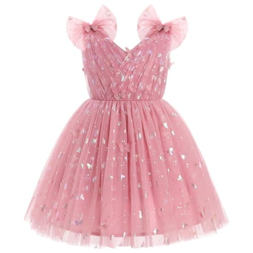 IMEKIS Girls' Butterfly Sparkle Tulle Dress for Weddings and Birthdays 2-10T