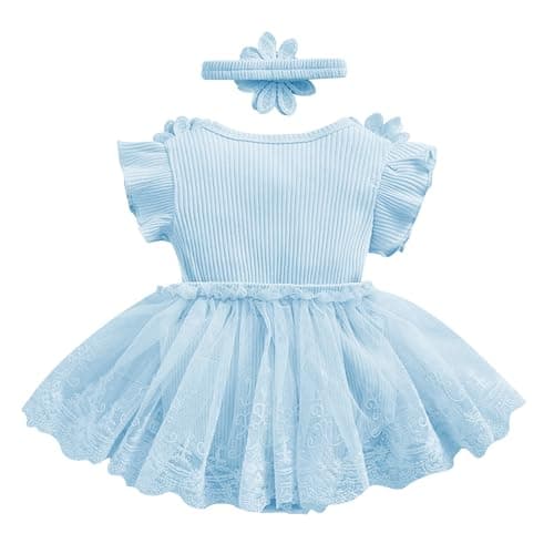 Newborn Baby Girls' 2pc Summer Set: Lace Romper Dress with Bowknot Headband