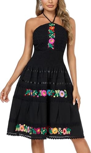 Embnoyes Black Flowy Halter Mini Dress for Women