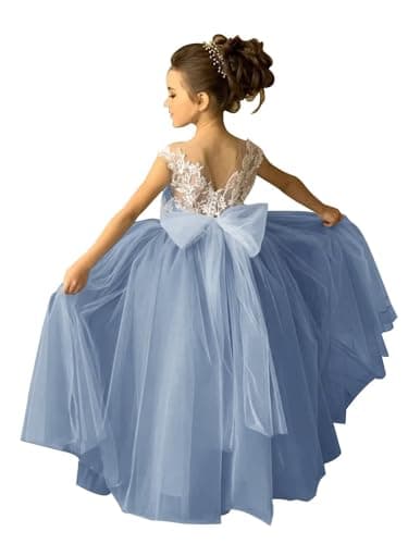 Zikusel Lace Applique Tulle Flower Girl Wedding Dress V-Back Satin Bow Knot