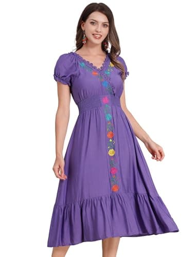 ODIZLI Women's Floral Embroidered Short Sleeve V-Neck Cinco De Mayo Fiesta Dress