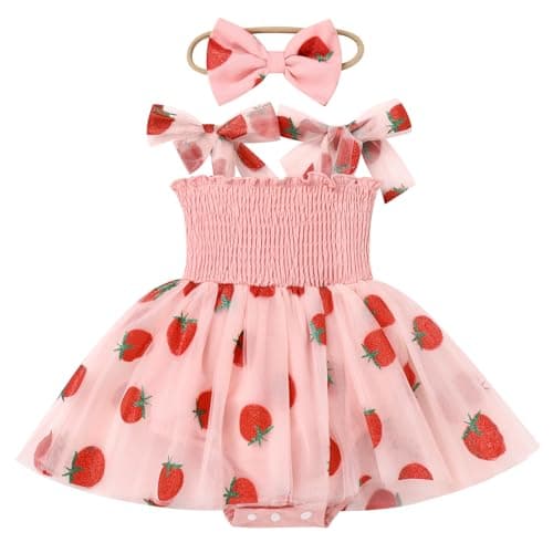 IMEKIS Boho Strawberry Romper Tulle Dress & Headband for Baby Girls Summer Photo Shoot