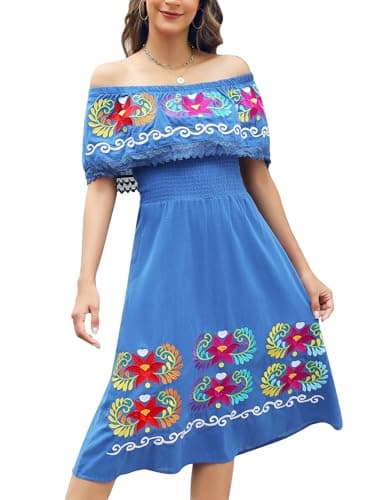 Vackutliv Mexican Embroidered Floral Off-the-Shoulder Dress