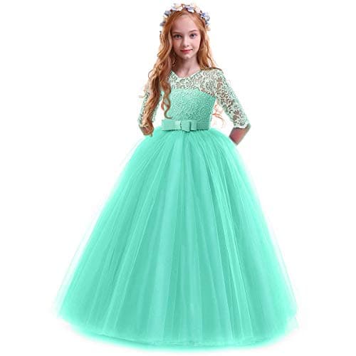 IBTOM CASTLE Girls' Flower Floral Lace 3/4 Sleeve Floor-Length Wedding Party Dress