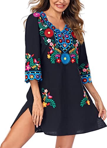 YZXDORWJ Women's Embroidered Mexican V-Neck Floral Long Sleeve Dress