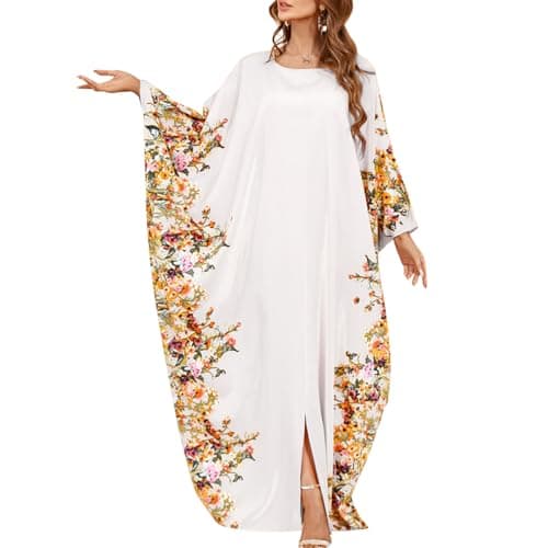 IDOPIP Women's Muslim Ramadan Dress - Long Sleeve Floral Maxi Kaftan Robe