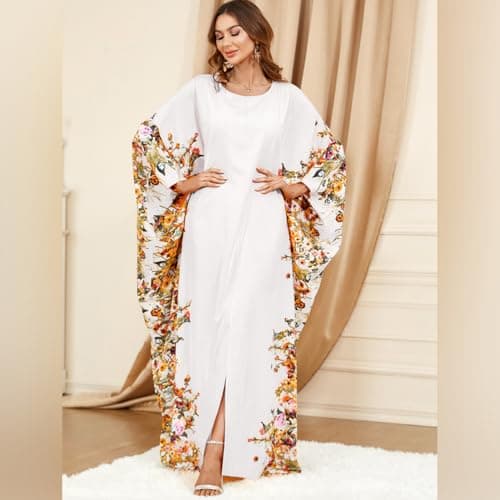 IDOPIP Women's Muslim Ramadan Dress - Long Sleeve Floral Maxi Kaftan Robe